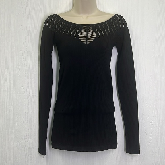 Free People - Black Ribbed Form Fit Cutout Long Sleeve Top Size Medium/ Large - Picture 3 of 10